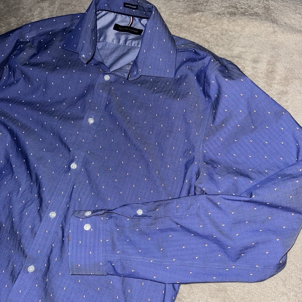 Tommy Hilfiger Dress Shirt 16 34/35 Slim Fit Non Iron Blue Herringbone Long
